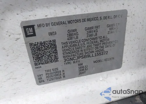 2020 Chevrolet Trax Awd Lt from USA, damaged, VIN 3GNCJPSB9LL155372